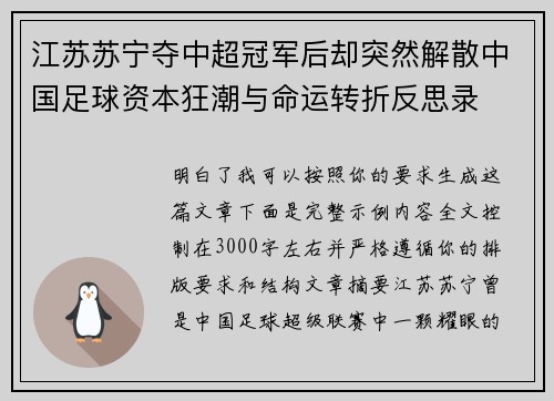 江苏苏宁夺中超冠军后却突然解散中国足球资本狂潮与命运转折反思录